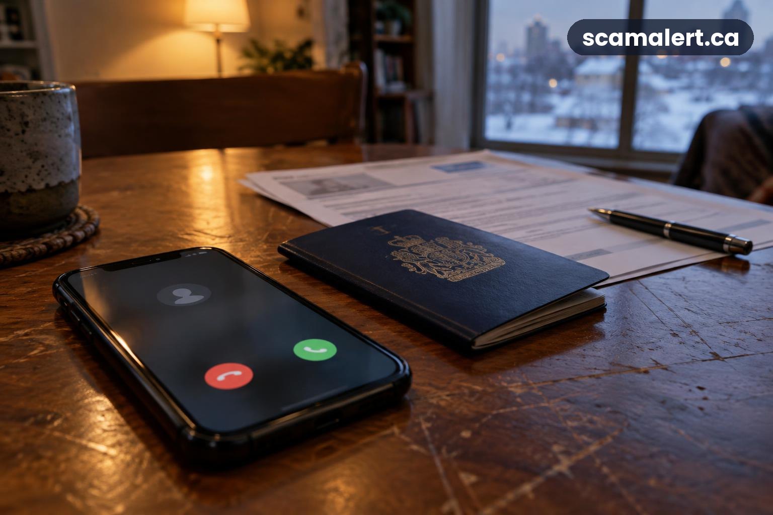 A phone with a blurred incoming call beside a passport and immigration papers on a kitchen table.