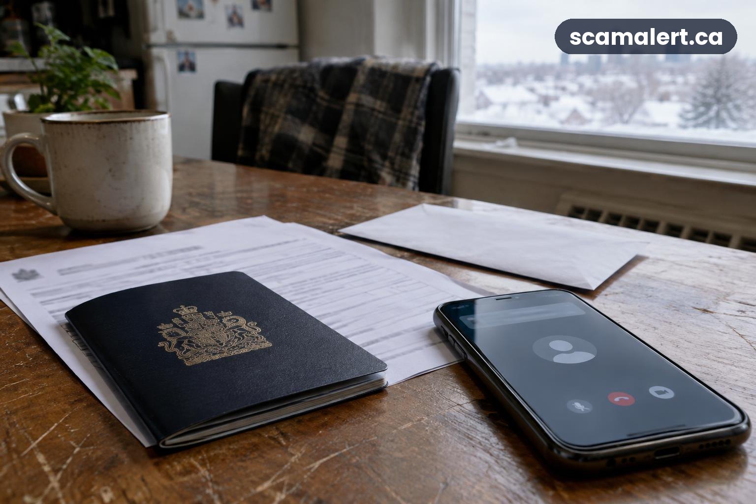 A passport, blurred immigration papers, a job-offer envelope and a phone with an unreadable message.
