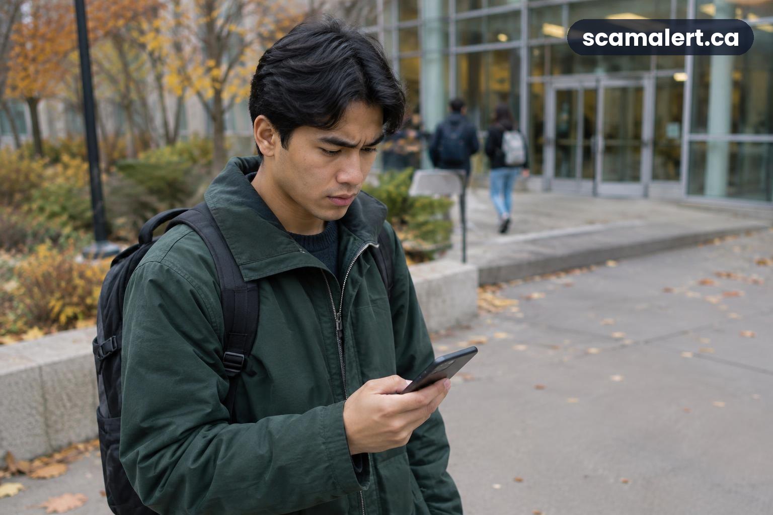 A student checks a message outside a university campus in Montreal