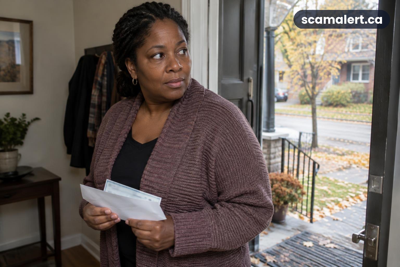 A woman checks a blurred cheque at her Toronto doorway amid concerns about bad cheque fraud