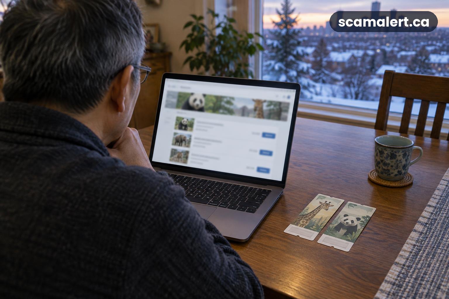 A man compares a blurred online ticket listing with generic animal admission passes at home in snowy Calgary.