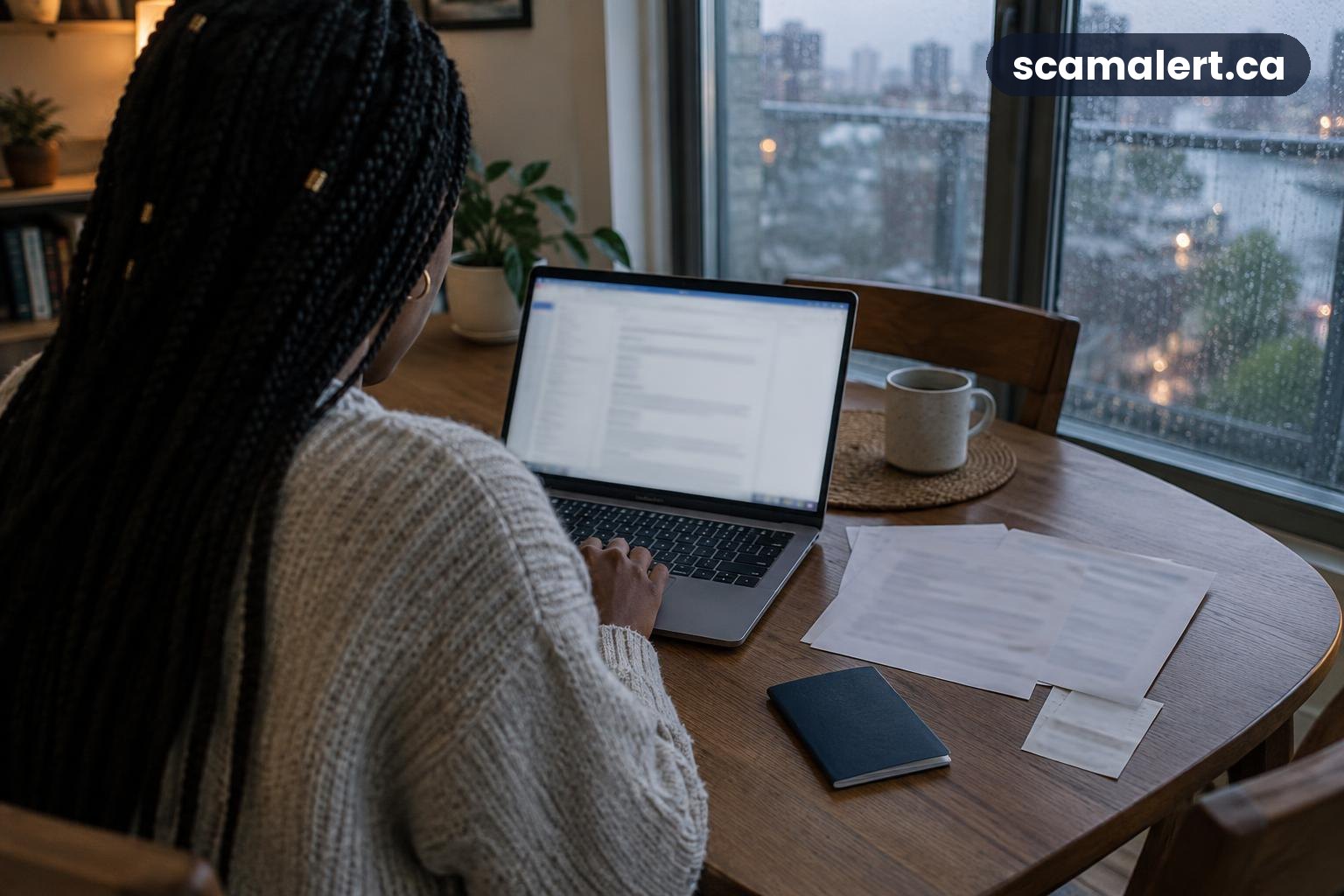 A woman reviews a blurred email beside a passport and immigration papers in her Vancouver apartment.
