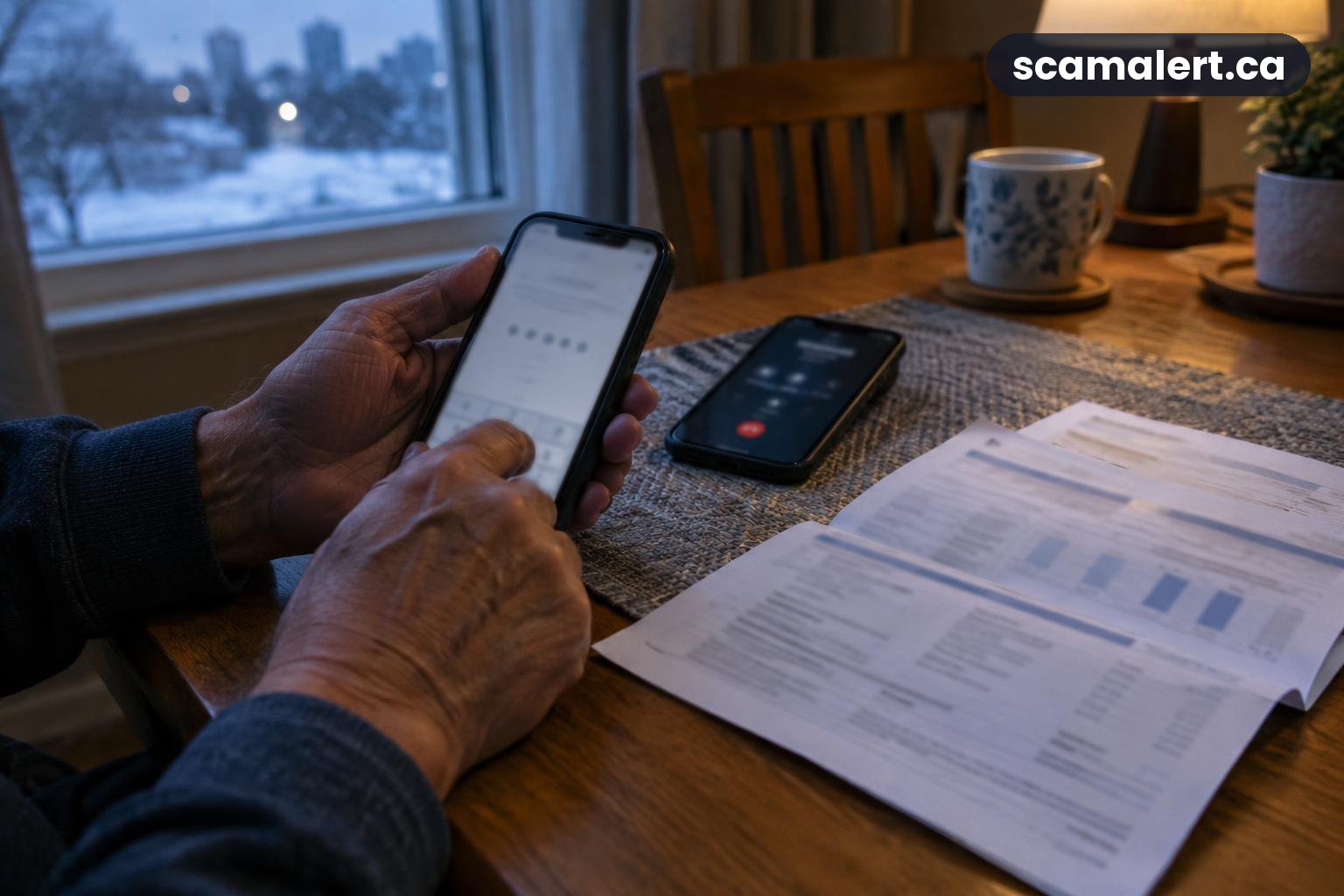 Close-up of hands entering a phone verification code beside a bill in a Winnipeg home.