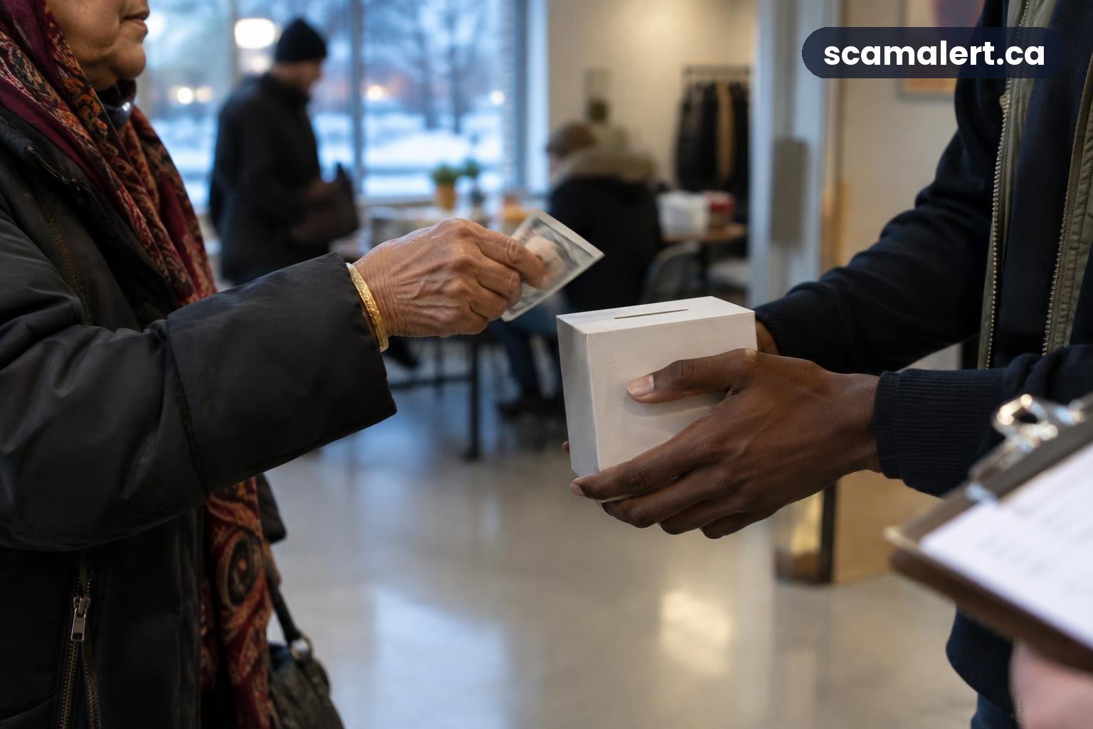 Hands passing cash to an unmarked box during a charity scams appeal
