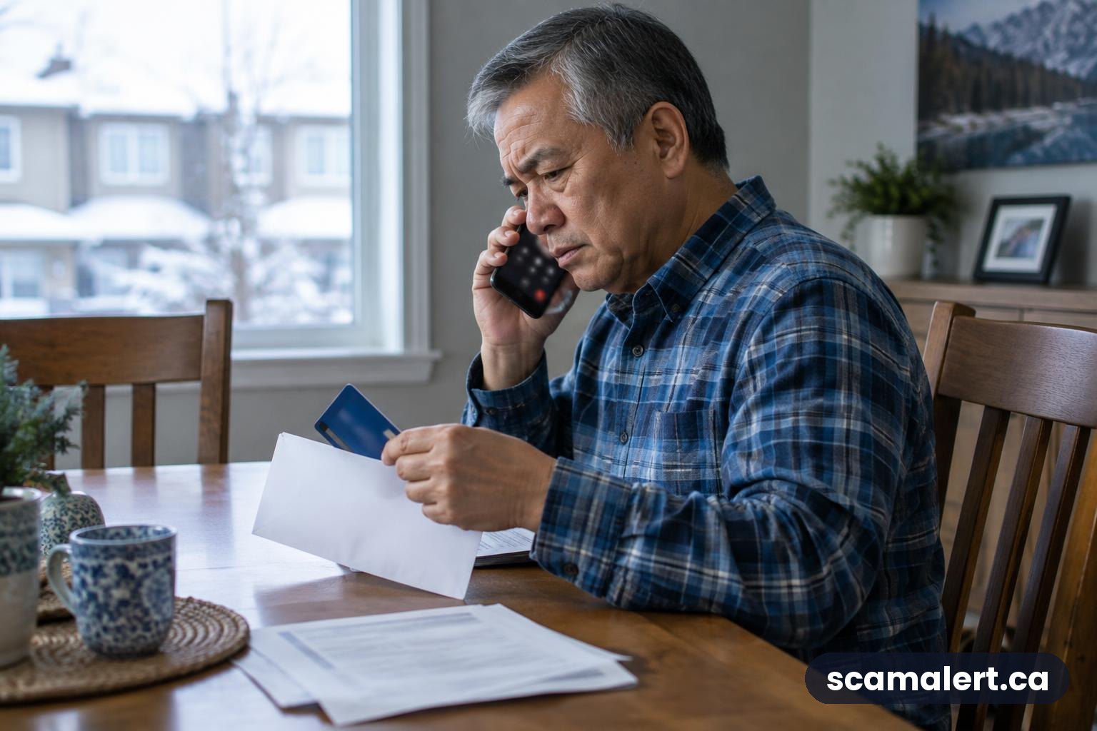 A wary man on a phone call pulls his bank card away from a tax envelope.