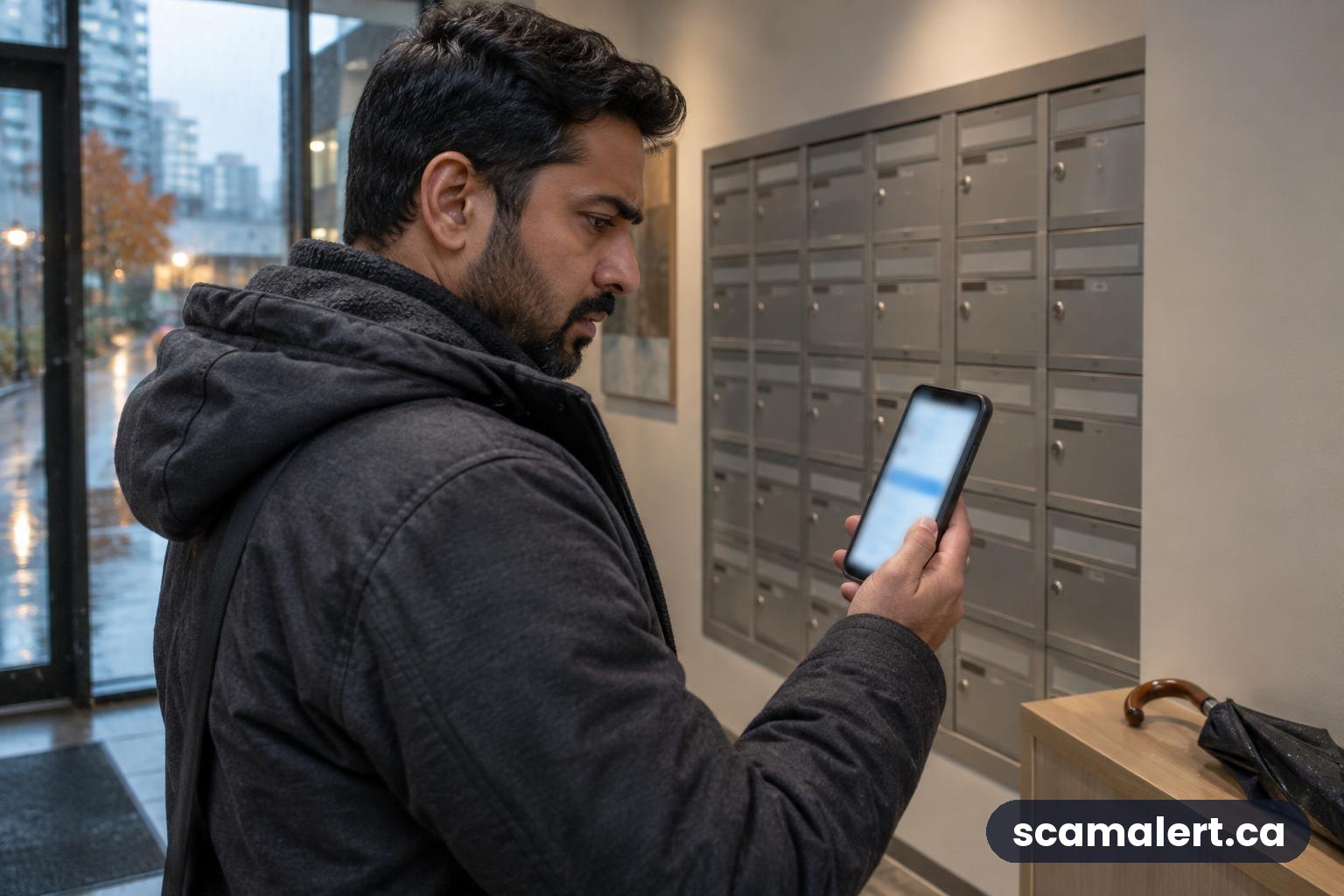 A man in a Vancouver apartment mailroom cautiously checks a suspicious tax-agency text on his phone.