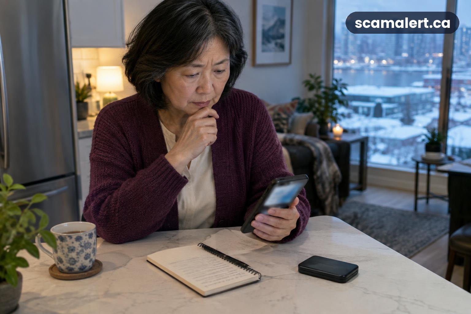 A woman checks a phone beside a notebook and hardware wallet at home.