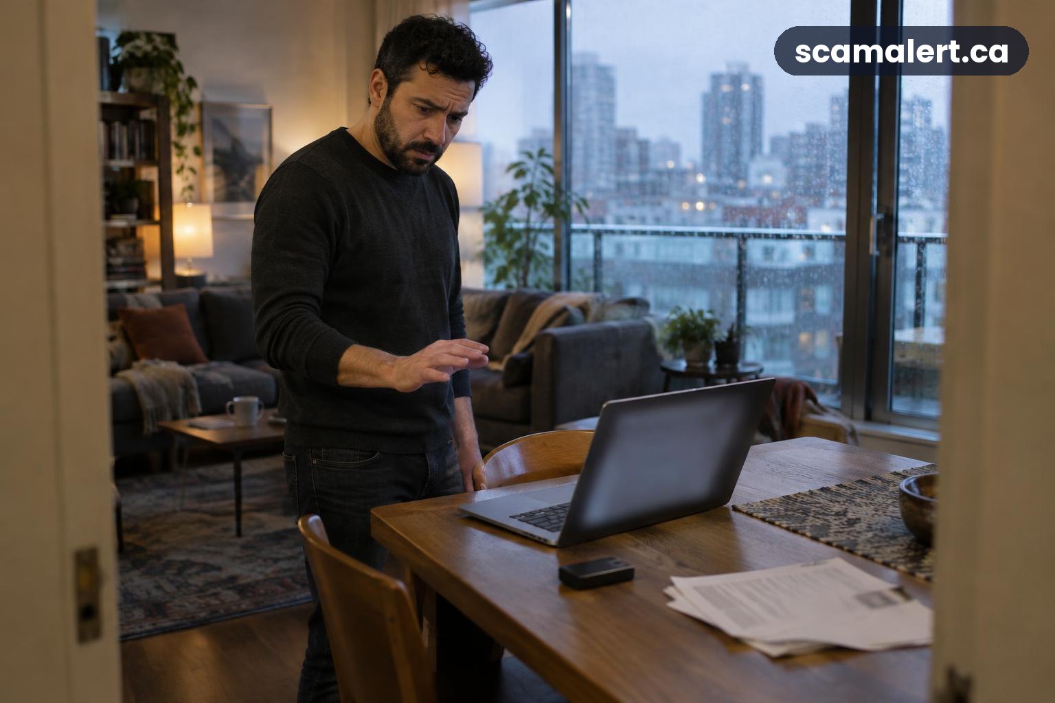 A wary man pauses beside a laptop and crypto wallet in his Vancouver apartment.
