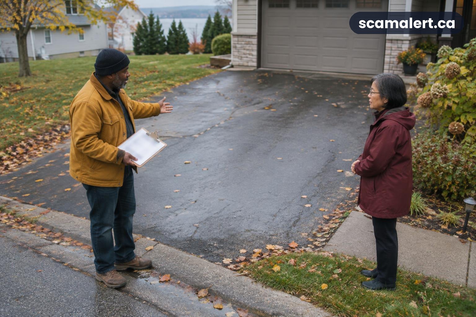 A homeowner speaks cautiously with a paving-service offeror beside a driveway in Sault Ste. Marie.
