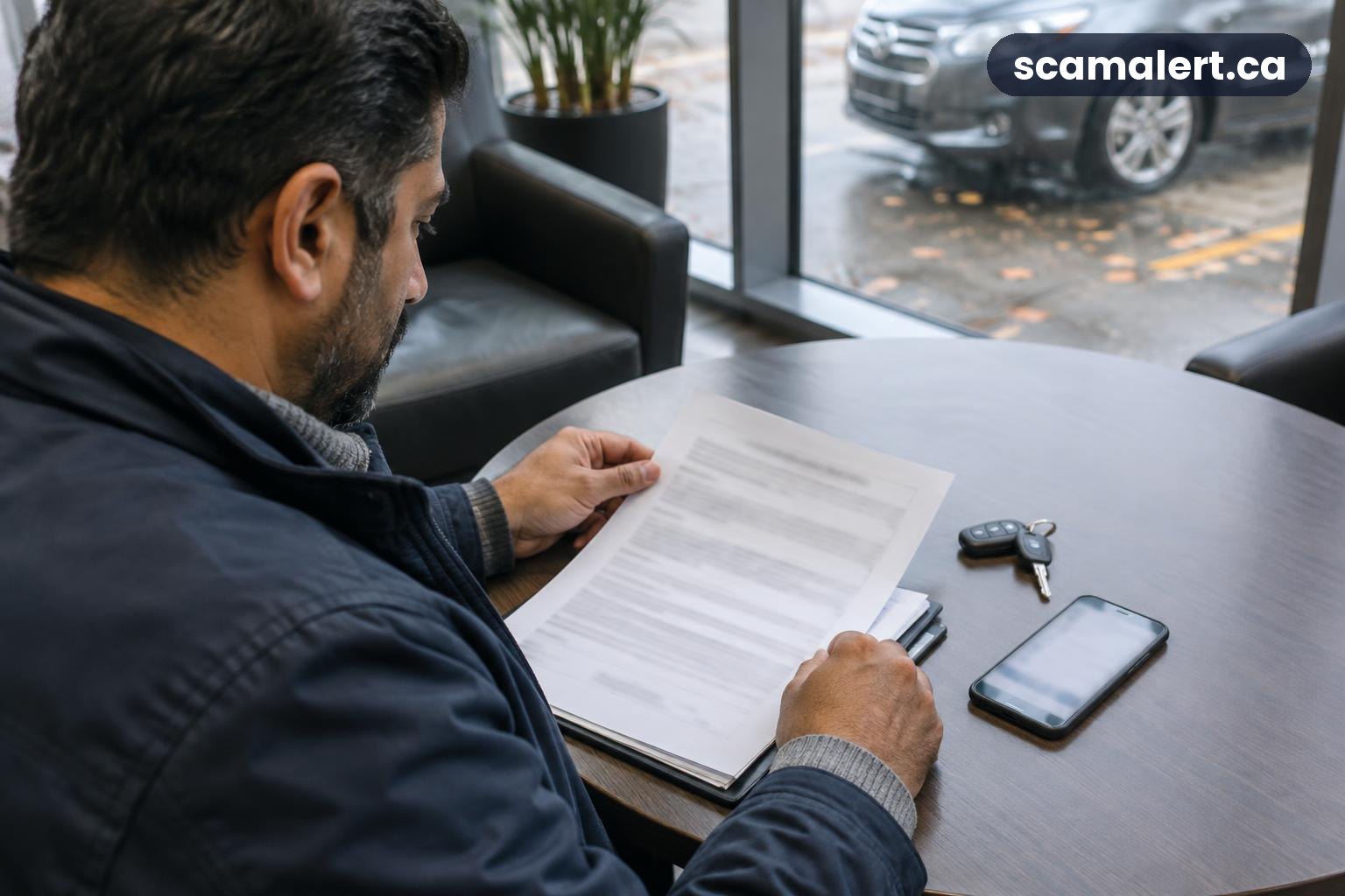 A man reviews blurred vehicle financing paperwork beside car keys at an Ontario dealership.