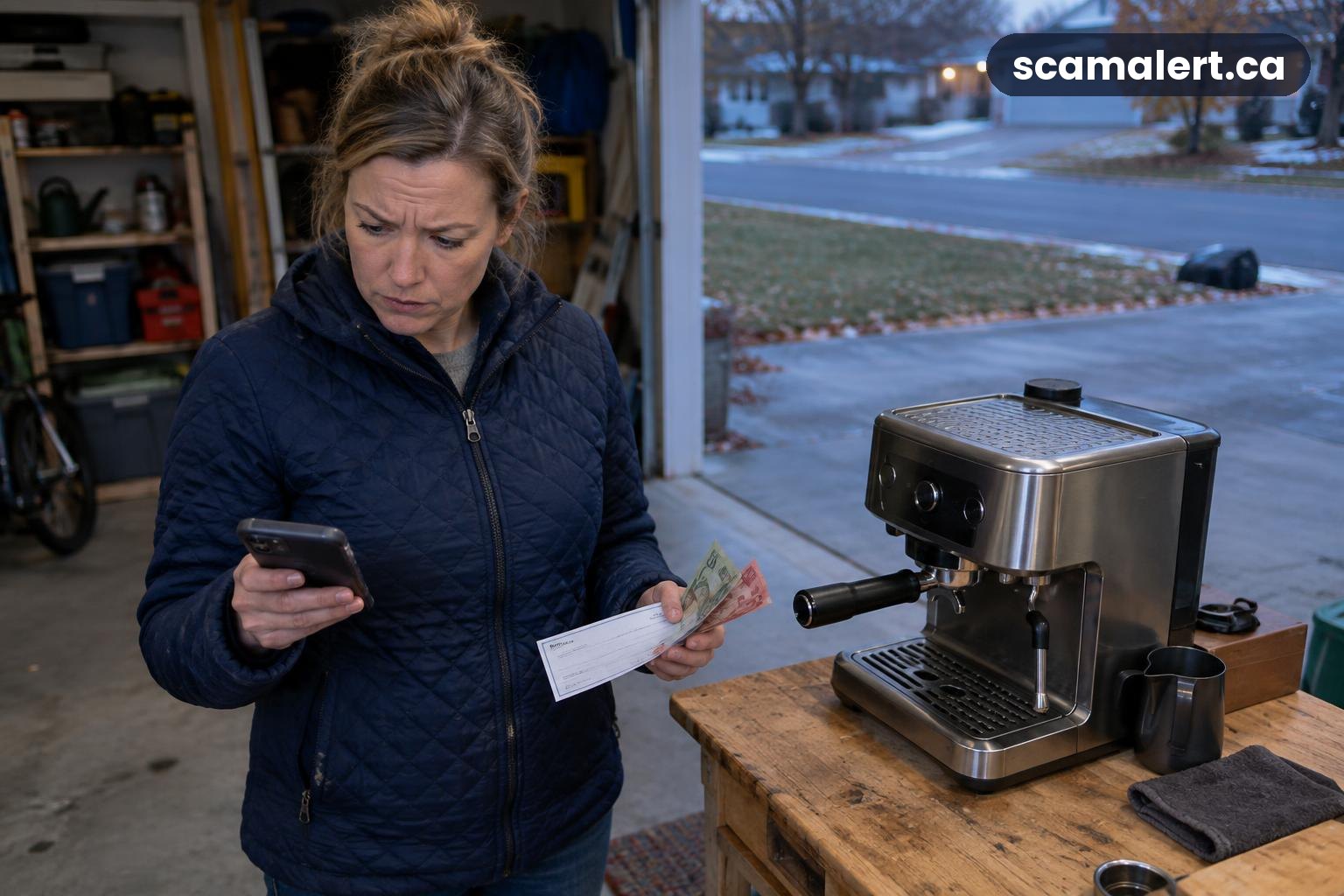 A wary seller checks a payment notification and cheque beside an espresso machine in her garage.