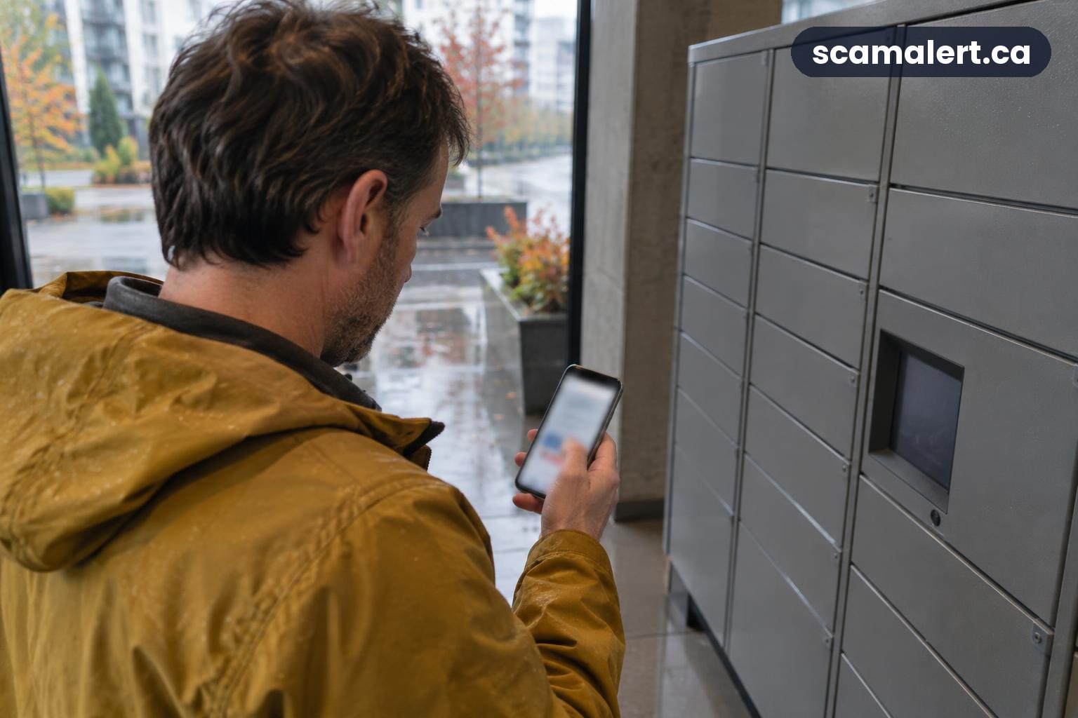 A man checks a text on his phone beside apartment parcel lockers.