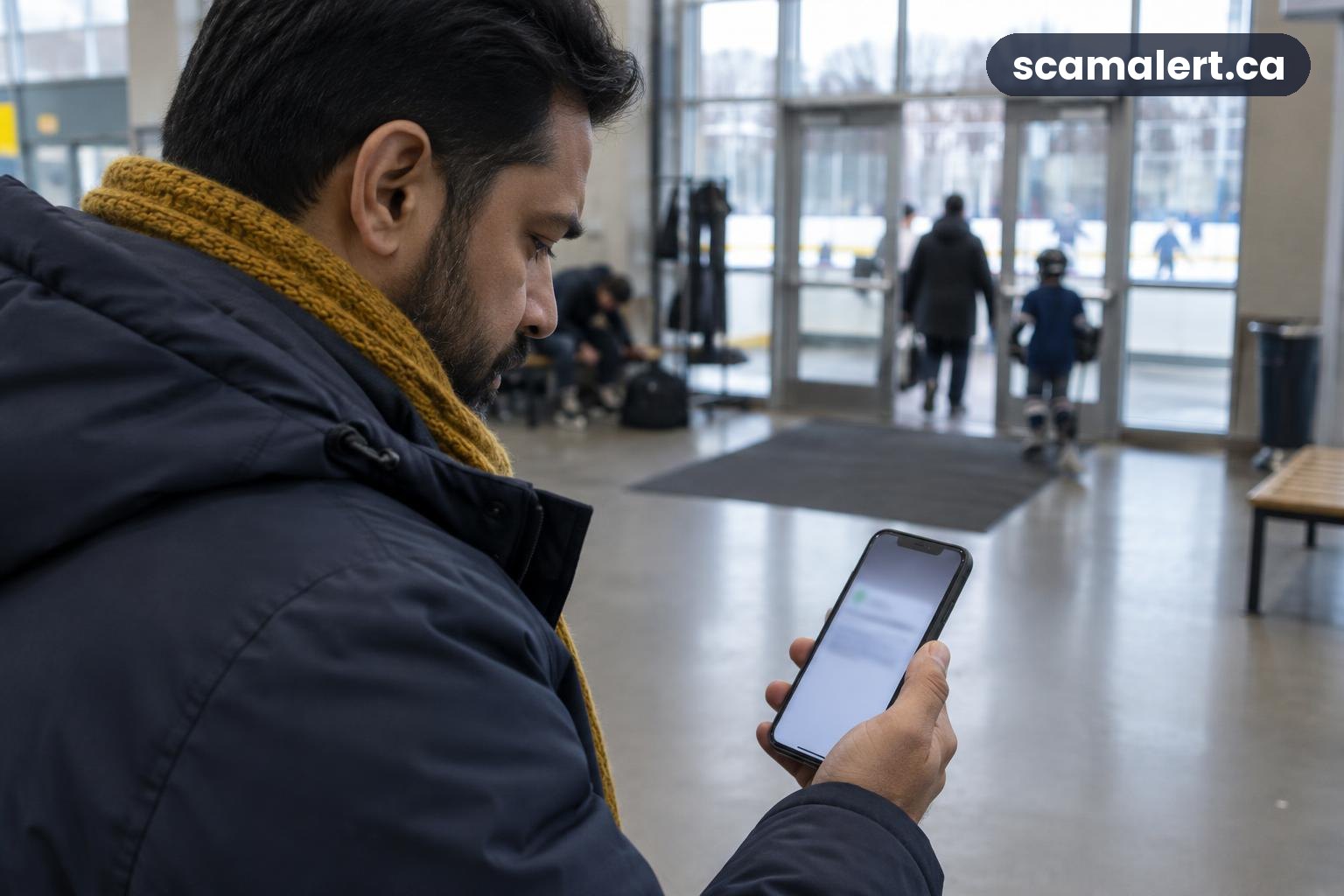 A man checks a blurred e-transfer notification on his phone in a hockey arena lobby.