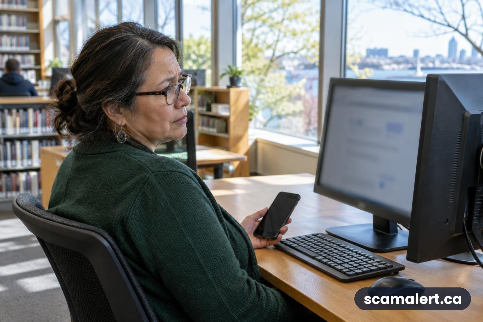 A woman in a Halifax library pauses over a suspicious tech-support search result and checks her phone.