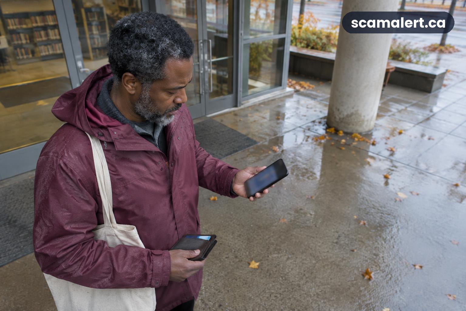 A man checks an unexpected call outdoors as part of fraud prevention.