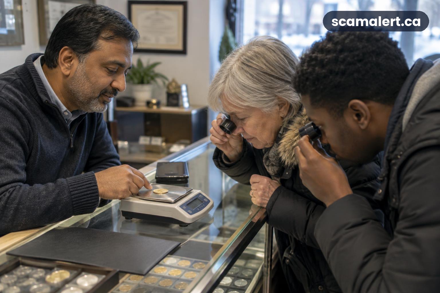 Two customers carefully inspect a gold coin with a shopkeeper at an Ottawa bullion counter.