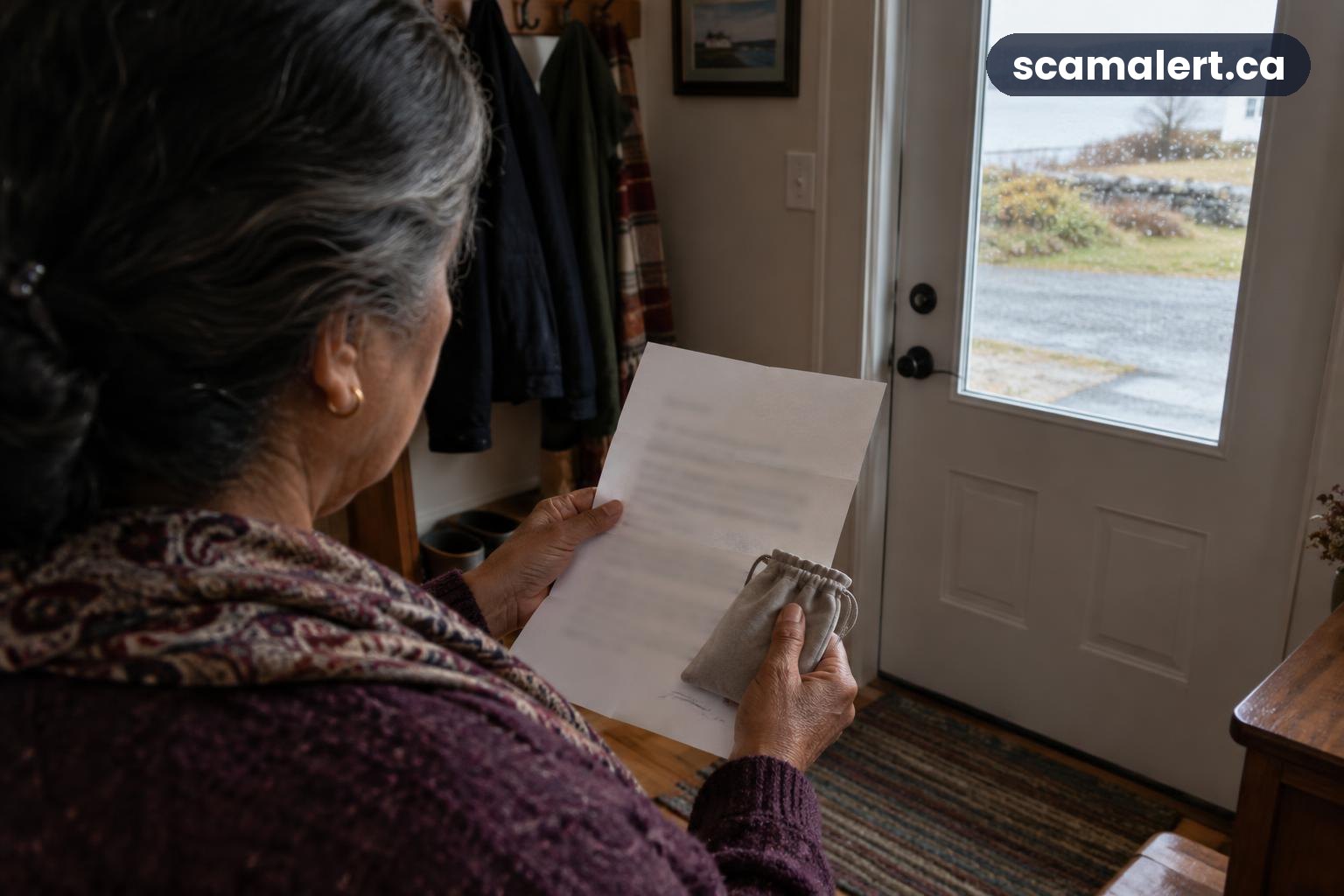 A blurred police impersonation letter and jewellery pouch in a gold safekeeping scam