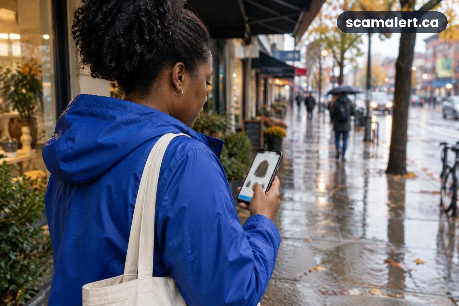 A shopper checks an online store on her phone outside Toronto shops.