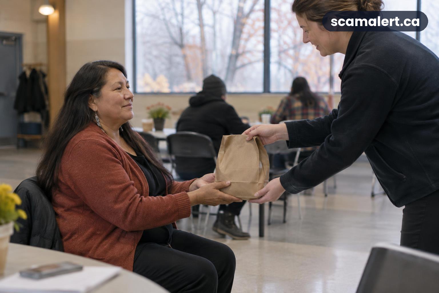 A woman receives a plain care bag from a volunteer in a community hall.