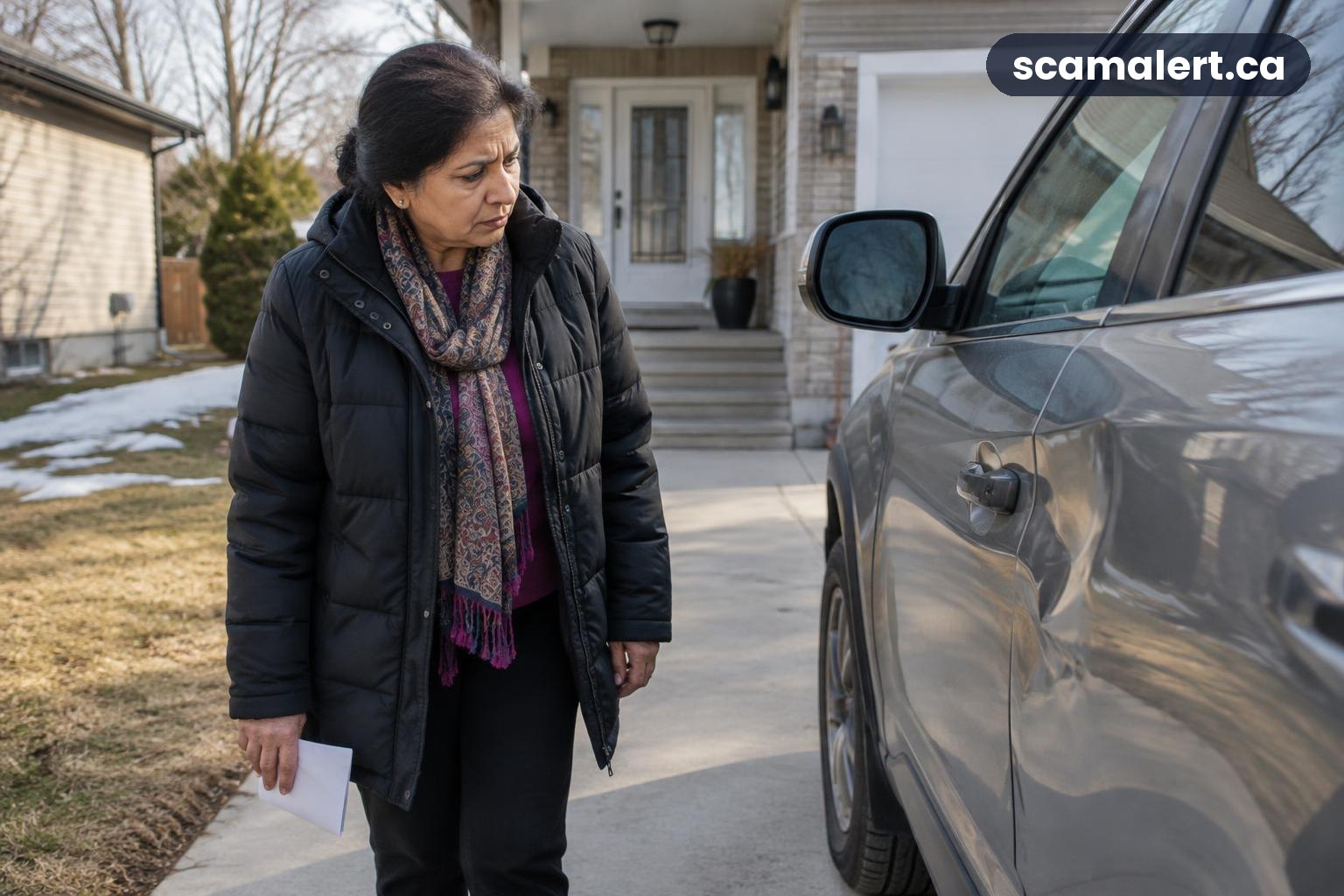 A wary homeowner examines a dent in her car beside an unreadable envelope in her Winnipeg driveway.