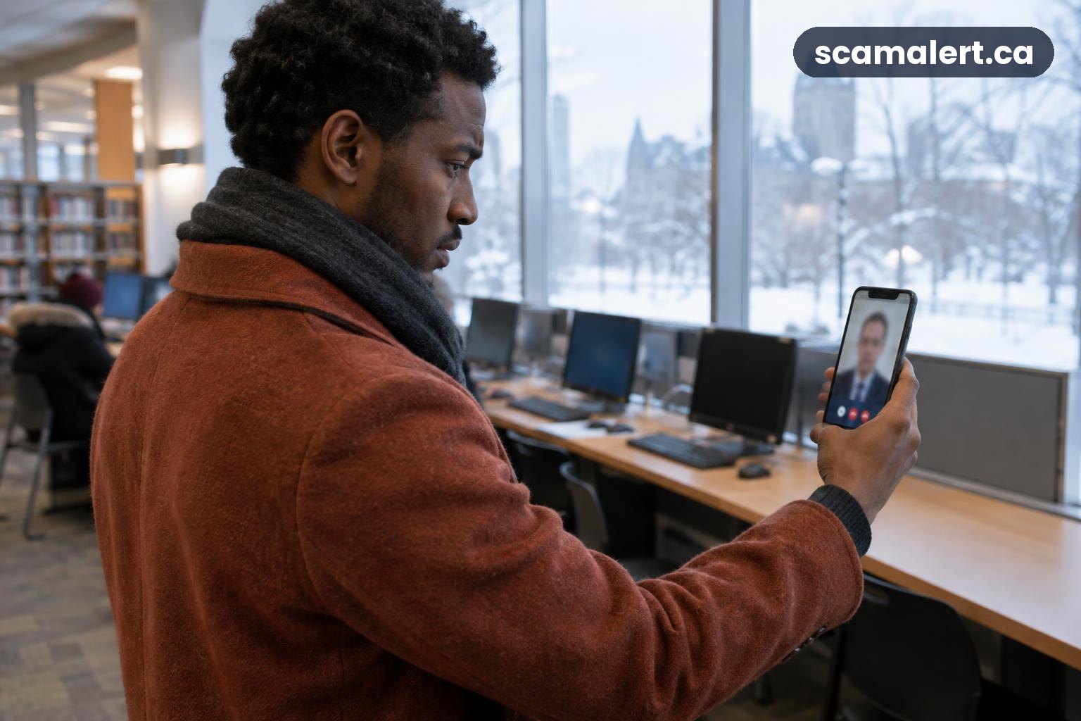 A newcomer in a Winnipeg library checks a suspicious video call on his phone.