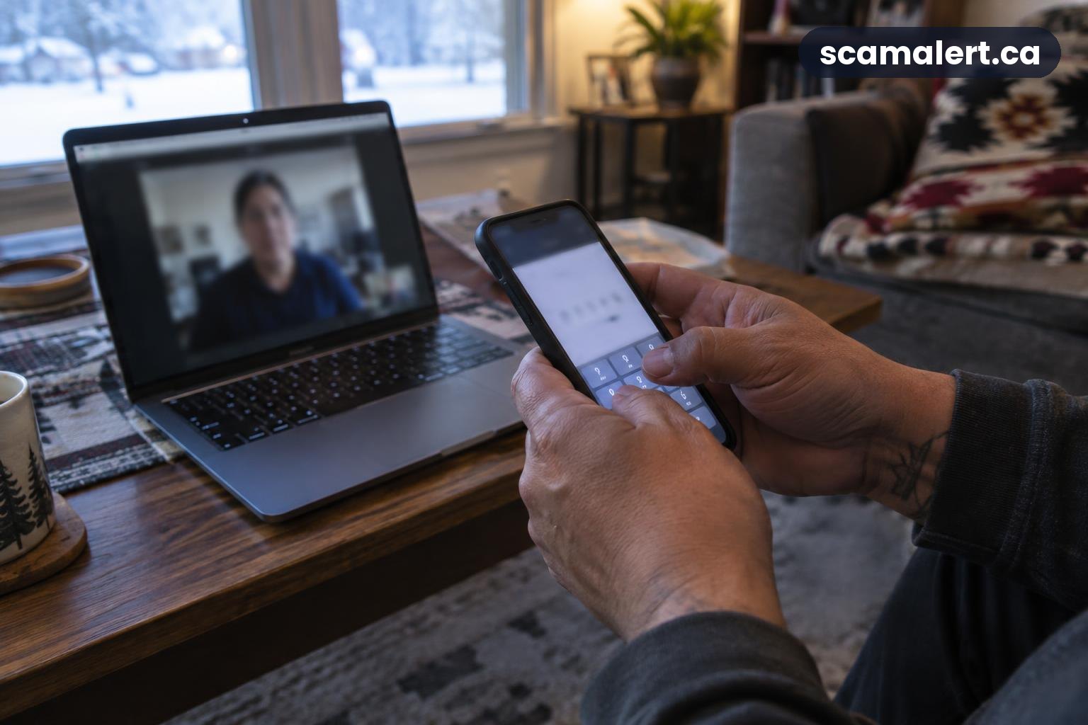 Hands entering a verification code during an apparent lottery-prize video call.