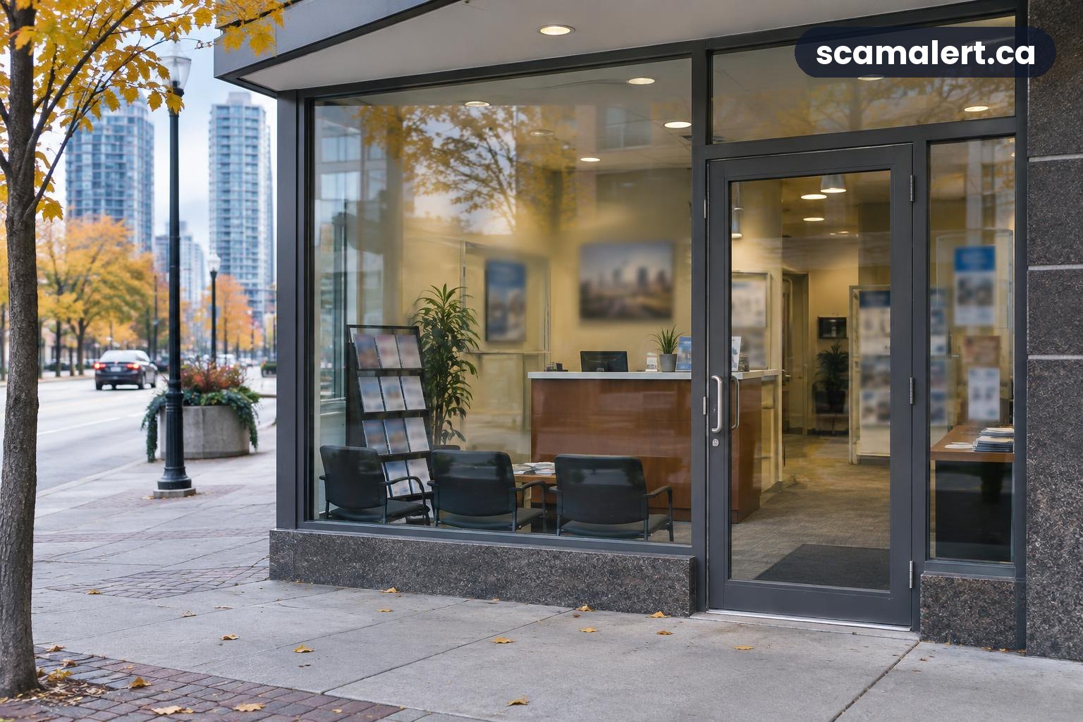 A quiet immigration-advice office entrance in downtown Mississauga with blurred application papers inside.