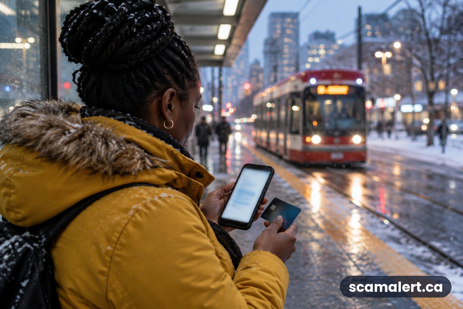 A woman pauses before using her bank card after receiving a suspicious message on her phone.
