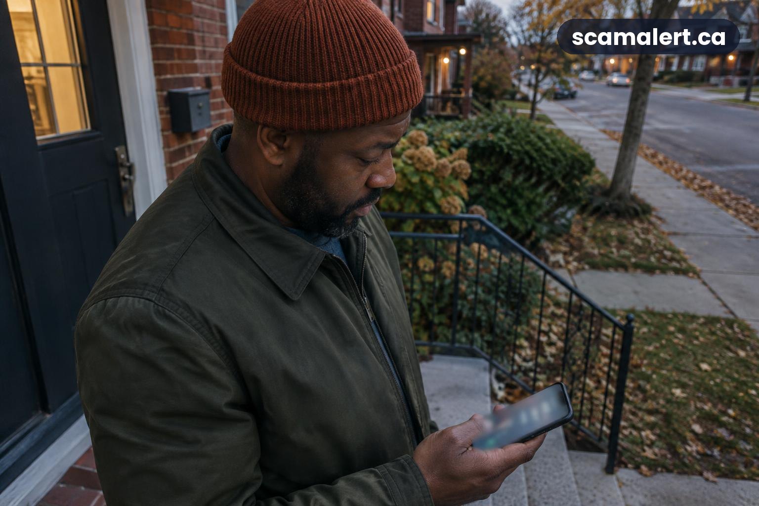 A man in Brockville pauses an unexpected phone call outside his home.
