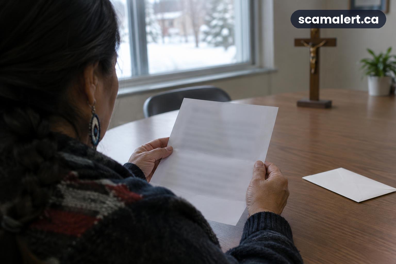 Over-the-shoulder view of a woman reading a blurred letter in a Montreal parish room.