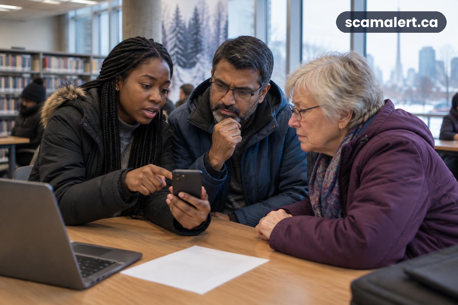 Three people discuss a suspicious message and security code at a Toronto library.