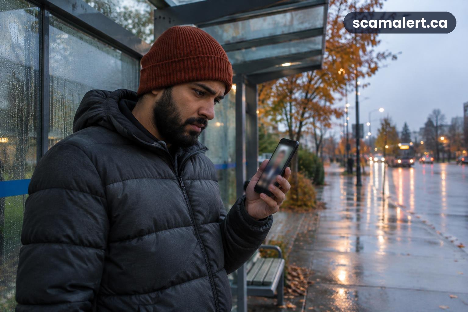 A Punjabi Canadian man checks a video call on his phone at a rainy transit stop.