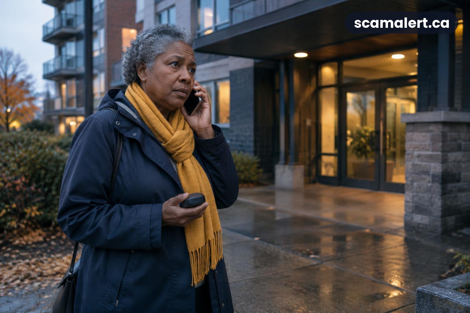 A woman outside an apartment building listens to a phone call while holding a jewellery case.