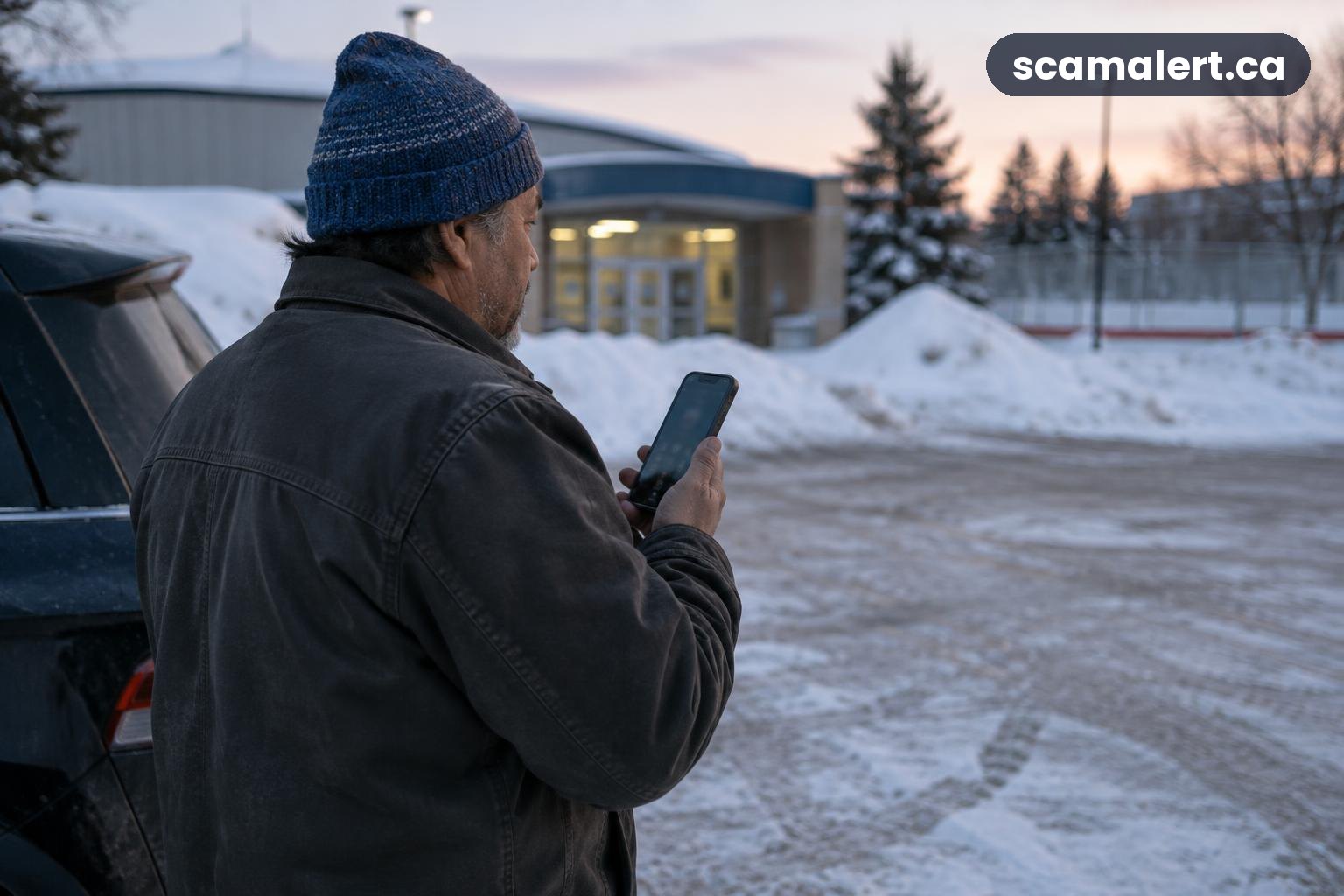 A man in a snowy Regina parking lot pauses during a phone call.
