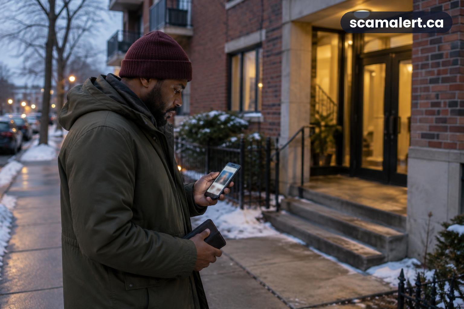 A renter checks a blurred apartment listing outside a Montreal building before sending a deposit.