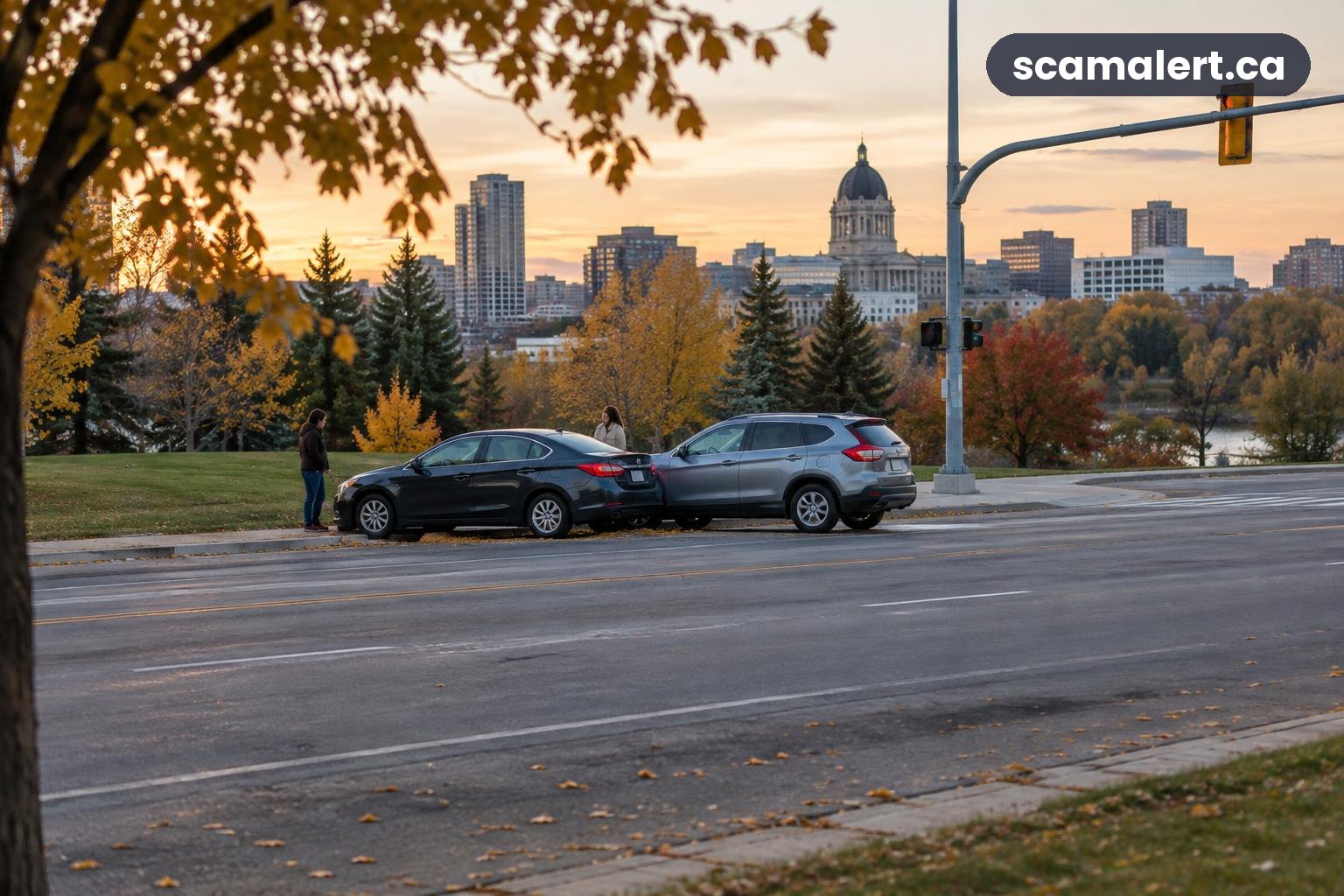 Wide Regina roadside scene illustrating a staged collision scam