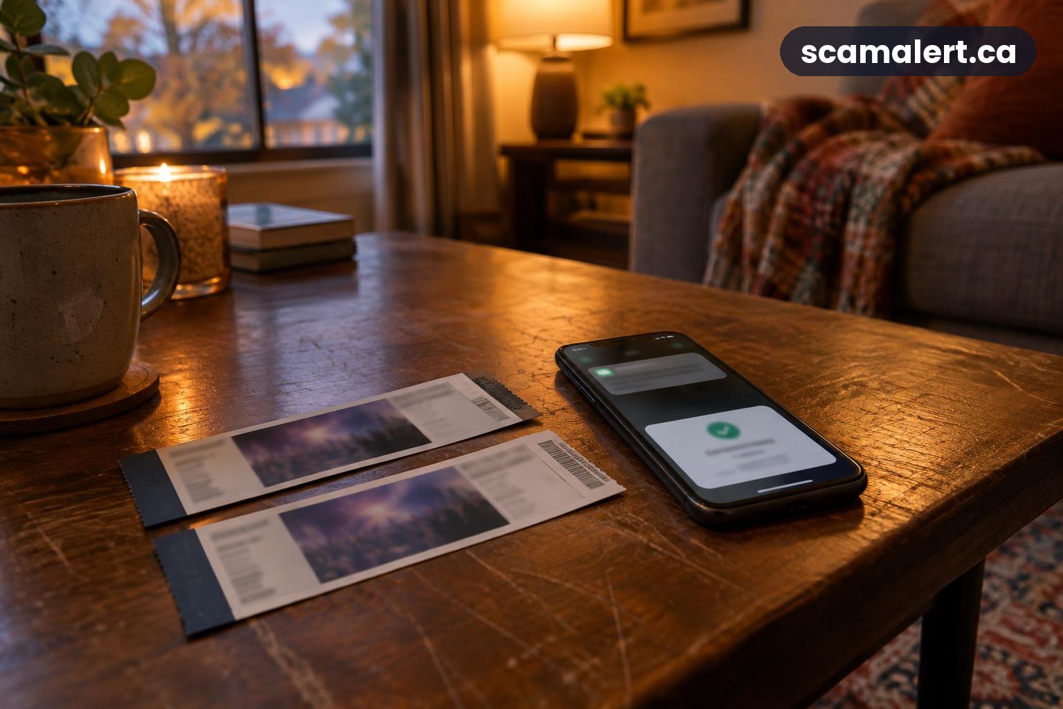 Two duplicate-looking concert tickets beside a phone on a wooden table.