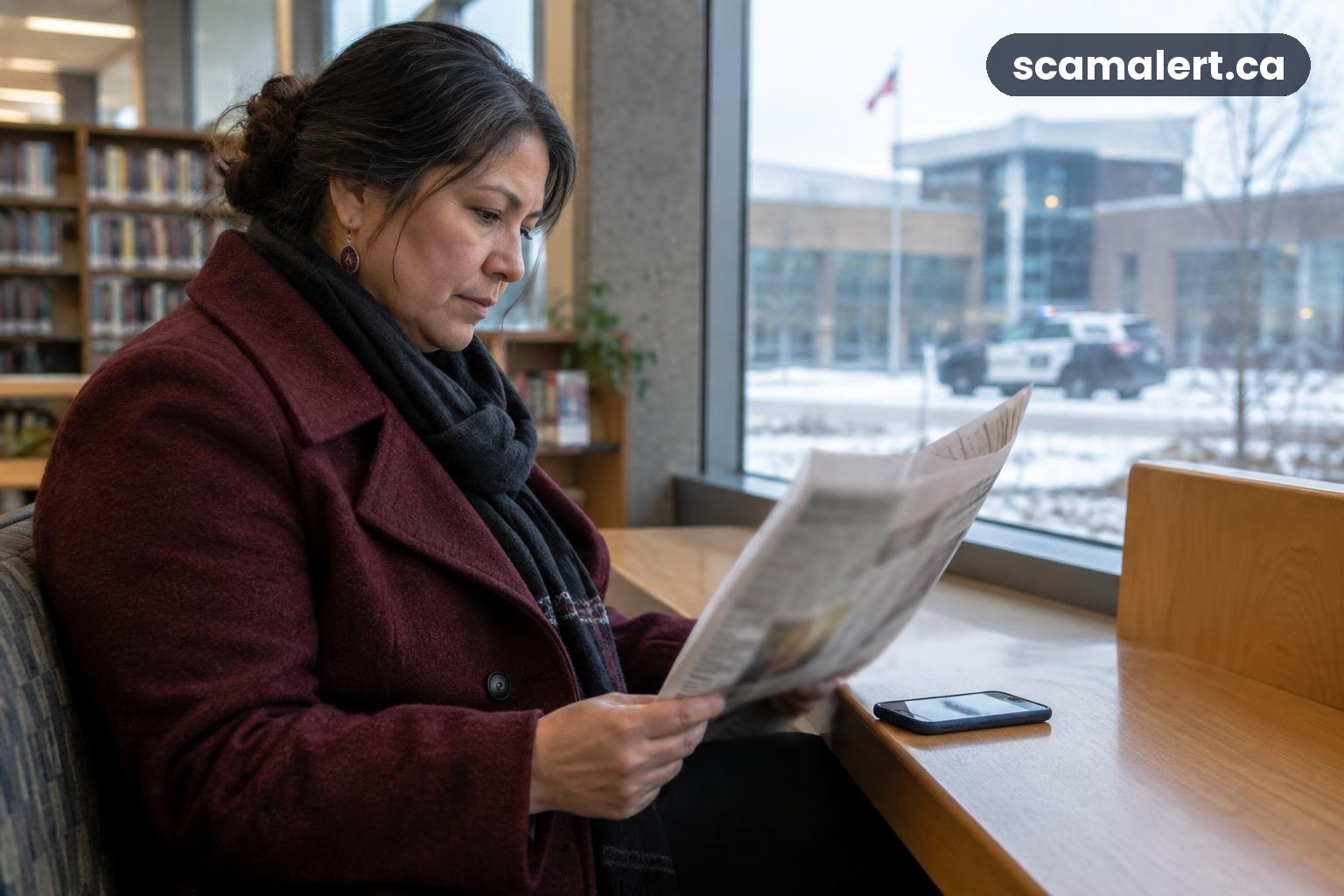 A woman reads a blurred news story about police fraud charges in a public library.