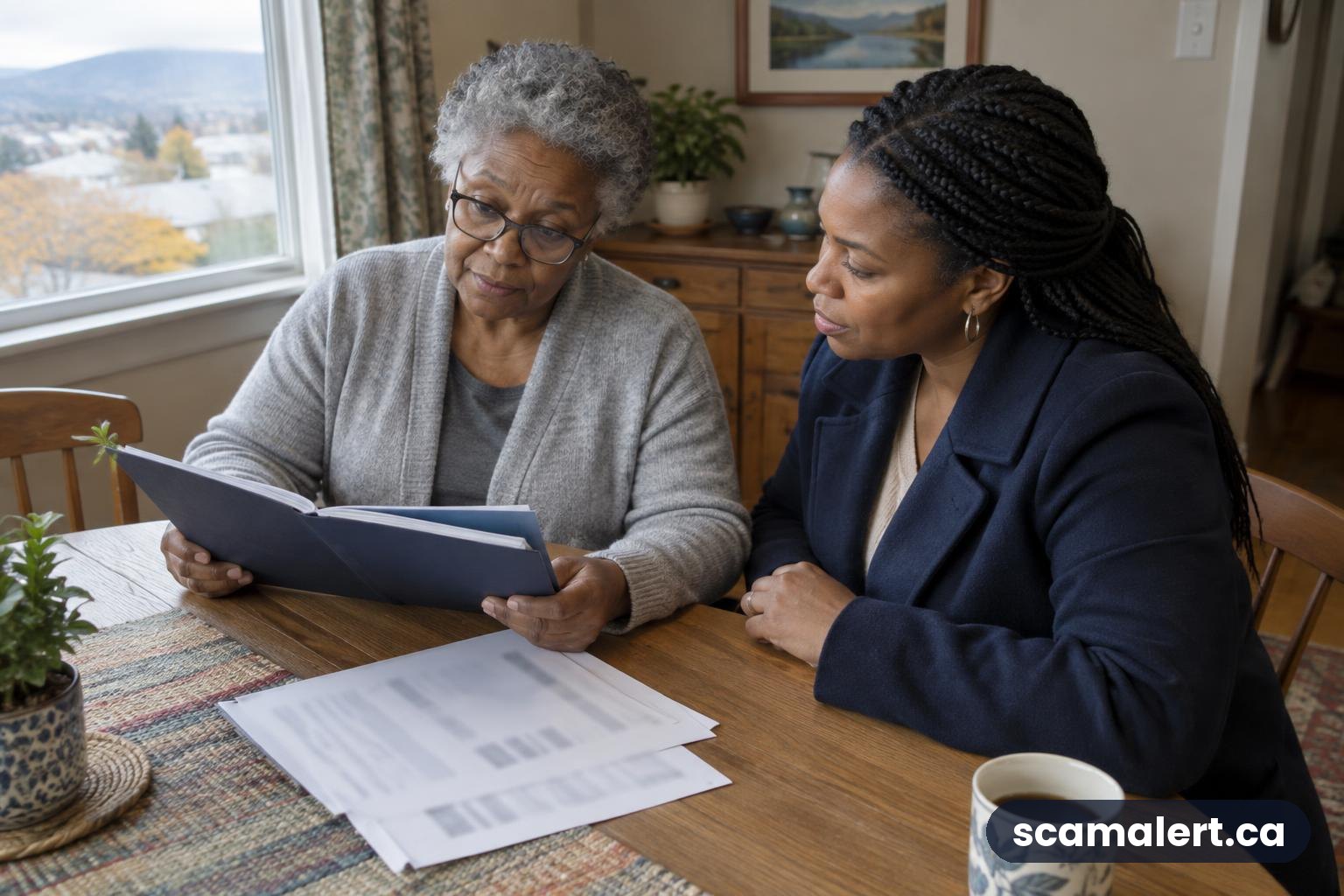 An older woman and her daughter review financial papers together at home.