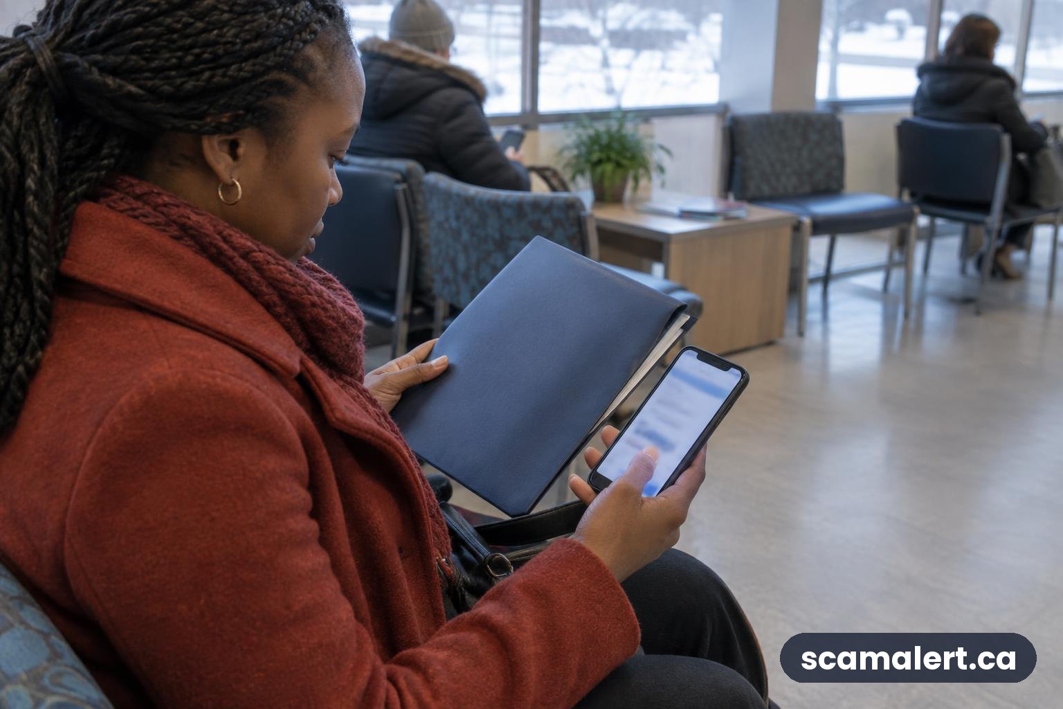 A woman checks a phone beside a document folder in a Winnipeg community service centre.
