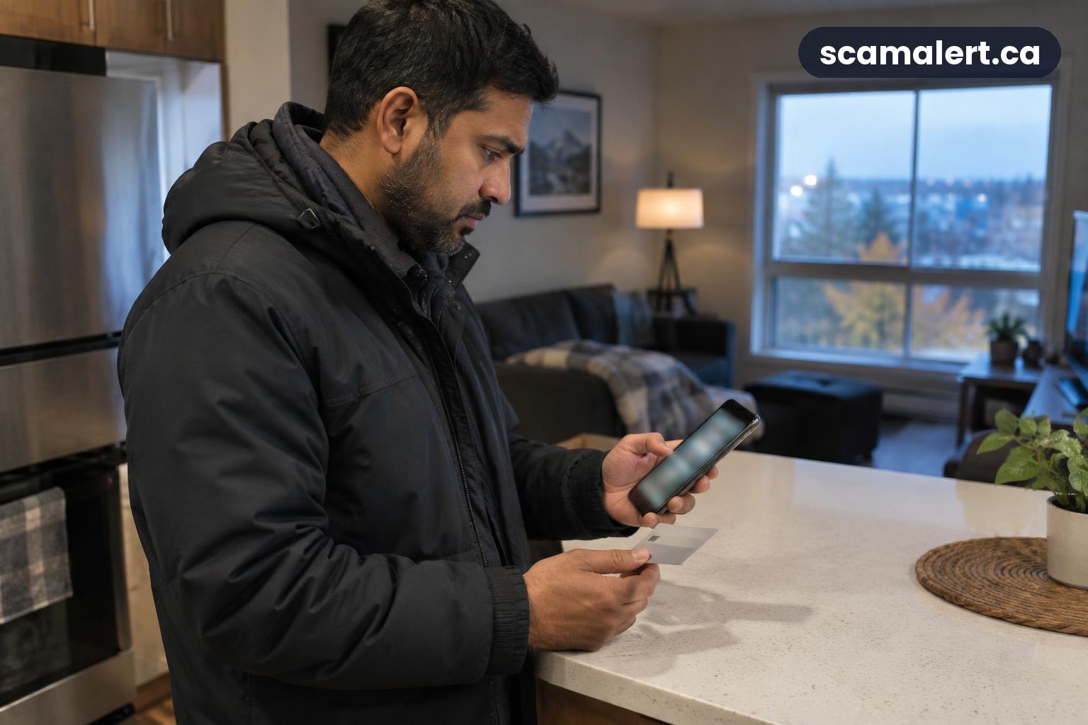A man in Fort McMurray checks his phone beside a bank card.
